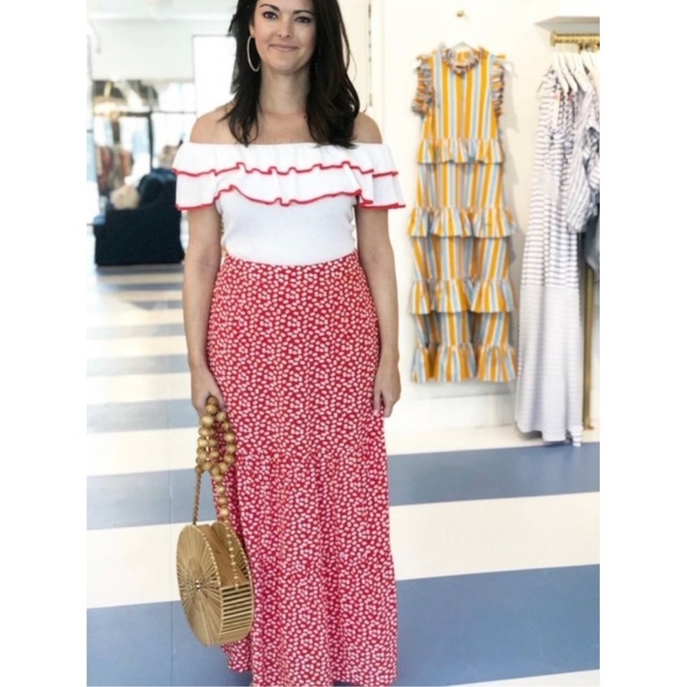 $258 Marie Oliver 10 McKenzie Silk Polka Dot Maxi Tiered Skirt Red Spotted Long